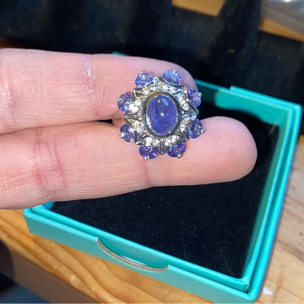 Sterling 925 Cabochon Tanzanite & Diamond Statement Cocktail Ring Size 7 - Picture 6 of 14